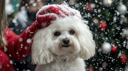 A Bichon Havanese dog being pampered by its owner at a pet grooming salon, with its long coat being brushed.