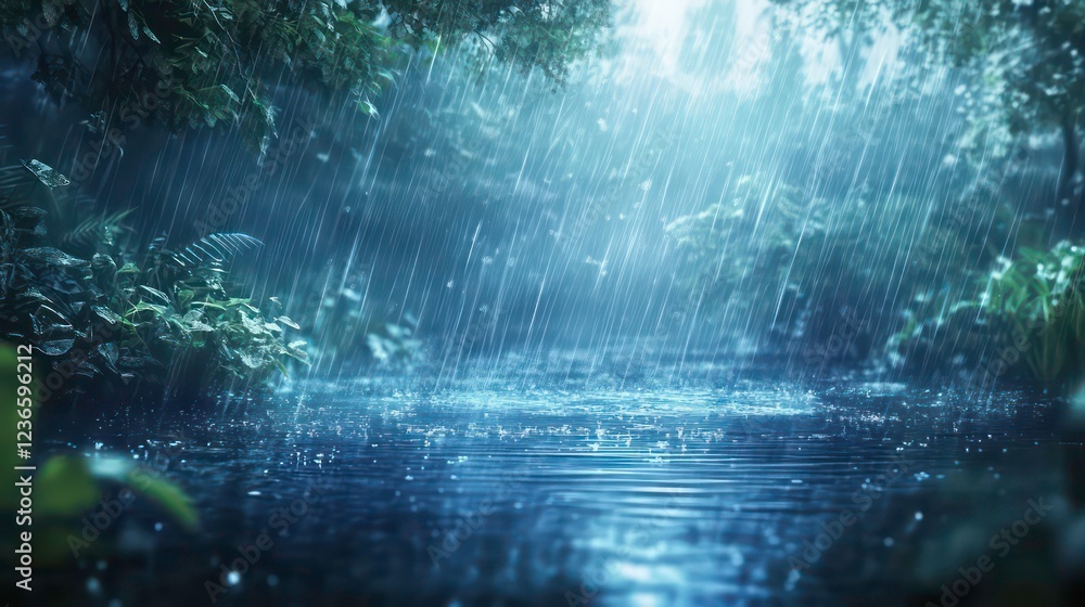 Poster Lush rainforest scene with heavy rainfall, sunlight filtering through the canopy, creating a mystical atmosphere.