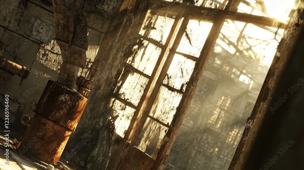Aufkleber light streams through dusty windows in an abandoned industrial building, creating a dramatic atmosph