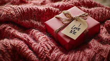 Red gift box on cozy knit blanket, self-love theme.