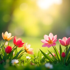 Fototapeta premium Vibrant Spring Flowers in Sunny Meadow