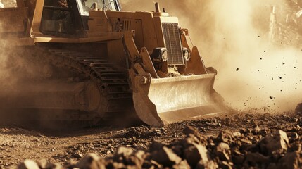 An intense shot of a heavy equipment operator inside a bulldozer, clearing debris at a construction site, Bulldozer operation scene