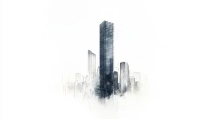 Modern minimalist skyscraper rendered in watercolor against a seamless white background with touches of transparency and artistic flair