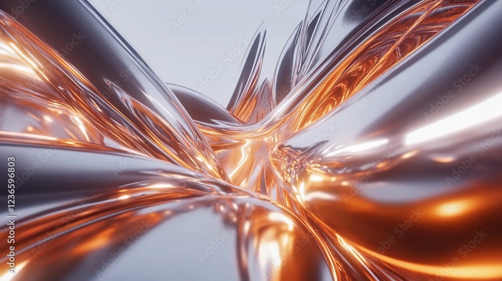 Poster silver and orange dynamic abstract movement with glowing lines and reflective surfaces