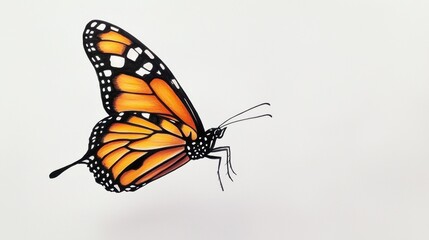 Fototapeta premium An elegant ink drawing of a monarch butterfly with bold black lines and delicate shading, positioned mid-flight against a plain background for a minimalist effect.