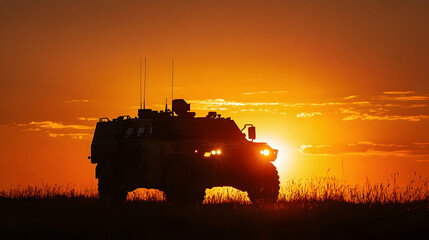 An armored military patrol car silhouetted against a sunset, symbolizing readiness and strategy  -  