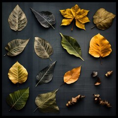Obraz premium Collage of Various Leaf Types, Textures with Natural Colors and Patterns for Botanical and Nature Designs. Leaves Texture. Grainy Foliage Background