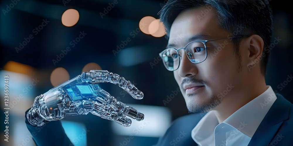 Poster close-up of a consultant discussing ai technology applications with a client focusing on business tr
