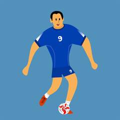 Illustration of a soccer player making a short pass or kicking the ball, wearing a blue jersey.