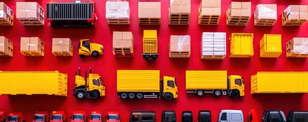 Toy Trucks and Boxes on Red Background Arrangement