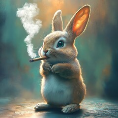 A happy easter bunny rabbit smoking a marijuana joint with a cannabis leaf.