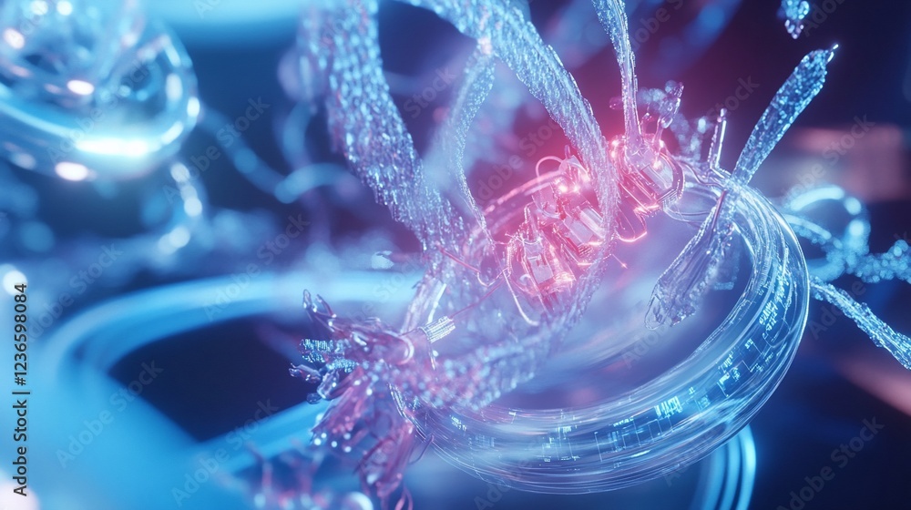 Poster abstract 3d render of intricate geometric structures with blue and red hues