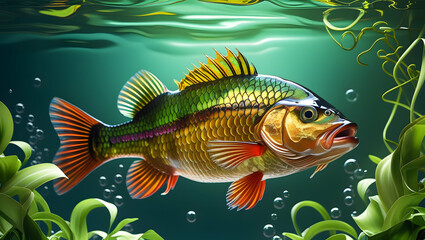 Fototapeta premium A stunning freshwater perch, freshly caught and displayed as a fishing trophy, floating in clear water. The fish features a detailed and vibrant color palette, including yellow and green hues, 