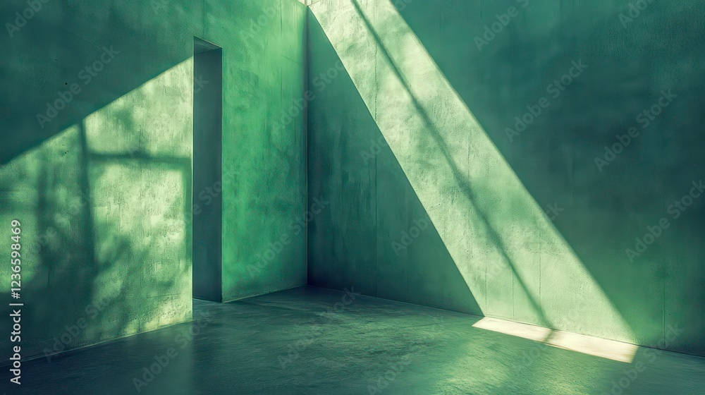 Poster sunlight streams into a minimalist green room, casting dramatic shadows on the walls and floor.