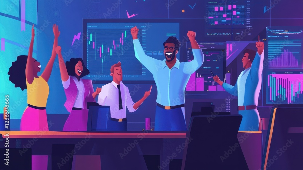 Poster Traders engaged in analysis of stock market trends in a modern trading room with multiple screens and vibrant data displays