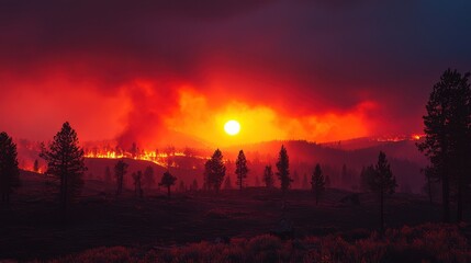 dramatic sunset behind wildfire creates striking contrast with silhouetted trees. intense colors evoke sense of urgency and beauty in nature chaos