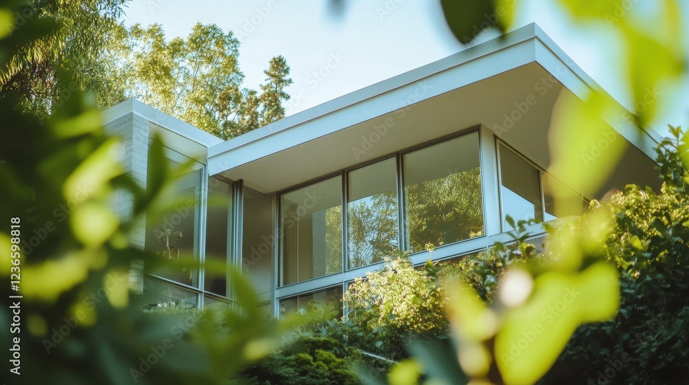 Poster modern glass house surrounded by lush greenery in a serene forest setting during golden hour showcas