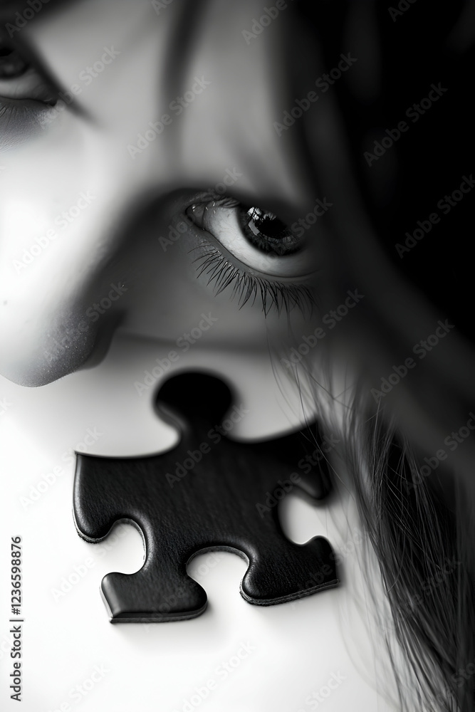 Poster black puzzle piece on a white surface, representing problem-solving and strategy -