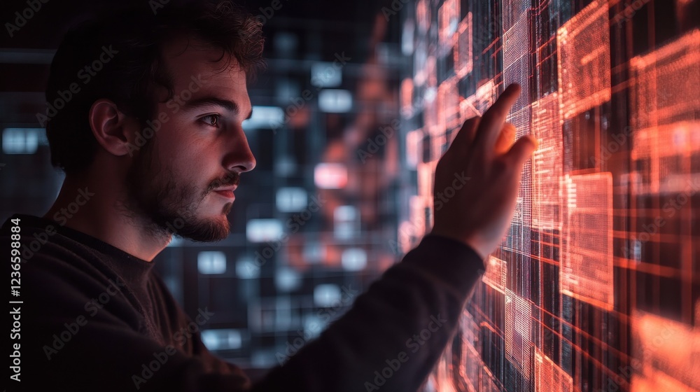 Poster man in front of a data manager cube
