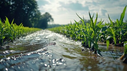 Fototapeta premium Flooded field with crops submerged in water, showcasing impact of heavy rainfall on agriculture. lush green plants contrast with shimmering water, creating serene yet concerning scene
