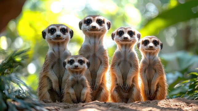 family of meerkats standing alert in sunlit environment, showcasing their curious expressions and social behavior. warm sunlight enhances their fur and creates lively atmosphere