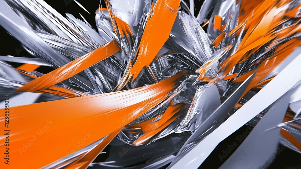 Poster abstract composition of orange and silver shapes creating a dynamic and modern graphic design
