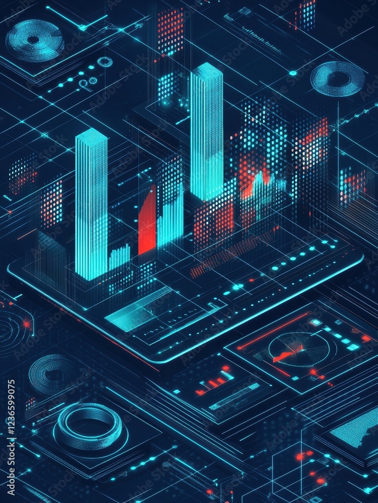 Poster future tech 3d isometric data finance graphic, business charts, analysis and plan binary indicators 