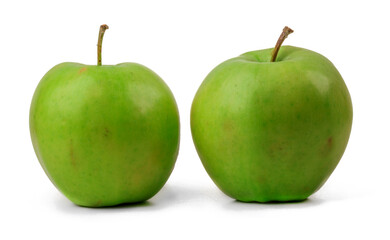 Two shiny green apples are positioned side by side on a white background, highlighting their fresh appearance and inviting look, perfect for snacking or cooking.