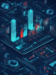 Future tech 3d isometric data finance graphic, business charts, analysis and plan binary indicators and infographic vector elements. Wave graph data, diagram statistic column illustration