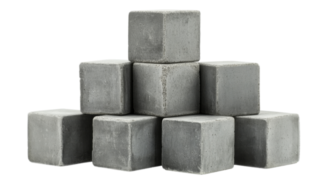 Concrete cubes stacked in pyramid shape on transparent background