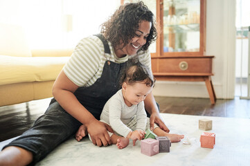 Babysitter, baby and play with blocks in home, learning and education in house. Development, care...