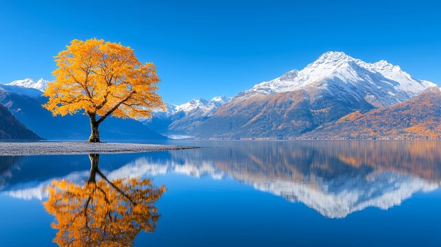 Golden autumn tree reflects in tranquil lake, snowy mountains background; scenic wallpaper