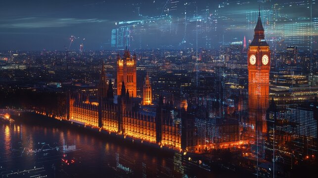Stunning night view of London's iconic skyline featuring Parliament and Big Ben, overlaid with vibrant data visualizations representing financial analytics. - Powered by Adobe