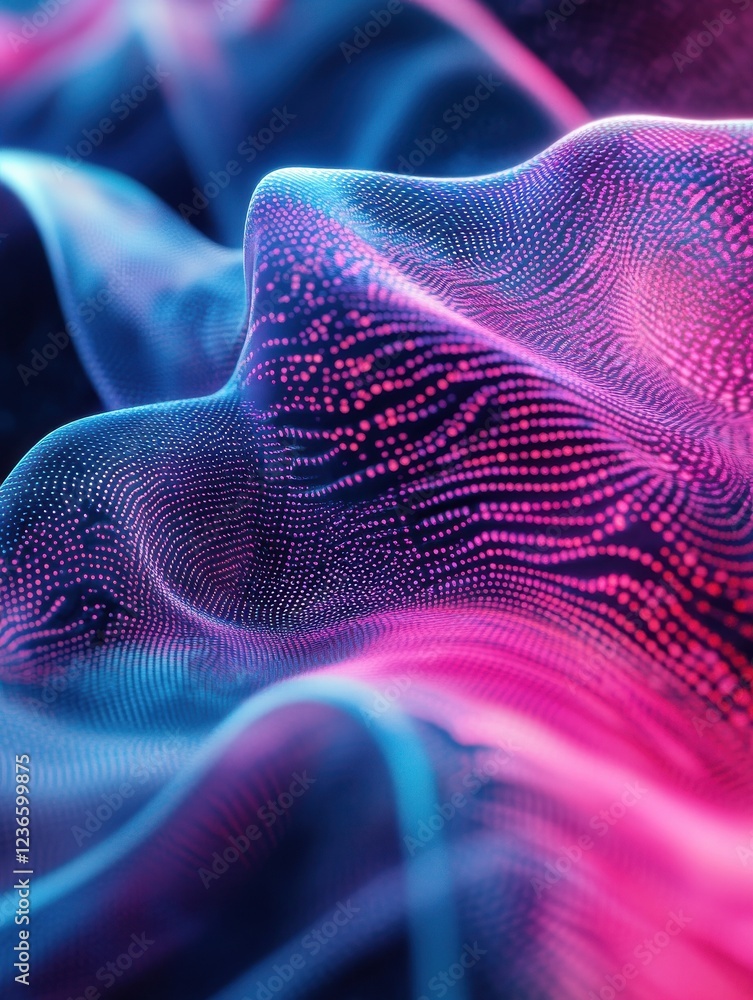 Poster abstract representation of data visualization with vibrant pink and blue waveforms.