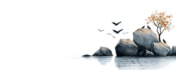A serene landscape featuring rocks and a solitary tree with autumn leaves, complemented by birds flying in the distance.
