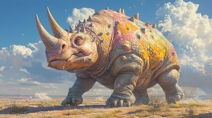 Colorful rhino walking desert, sunny day. Fantasy art