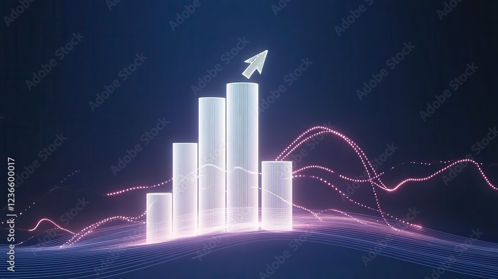 Poster a white 3d bar graph rising upward, an arrow pointing upward with glowing lines. surrounding the gra