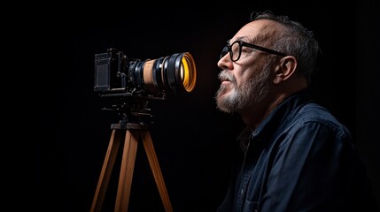 A seasoned photographer using a vintage camera with glowing lens in dark background