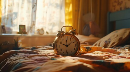 A retro golden alarm clock in focus resting on a messy bed with sunlight streaming through the window