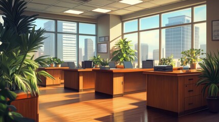 Modern office interior with wooden desks, large windows, and potted plants.