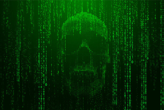 Vector binary code skull design. Vector glowing green digital code rain in a Matrix inspired futuristic style. Futuristic cyberpunk aesthetic with a hacking theme.