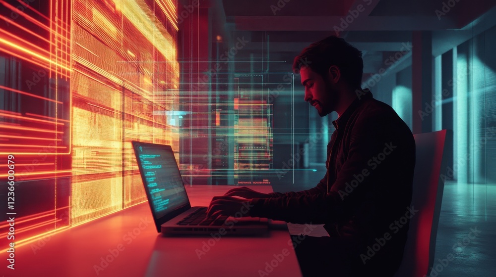 Poster a person using a laptop with digital data overlay in a modern setting.