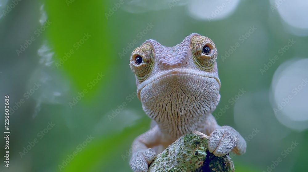 Poster close up of chameleon on branch with blurred green background, showcasing its unique features and vi