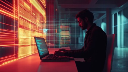 A person using a laptop with digital data overlay in a modern setting.