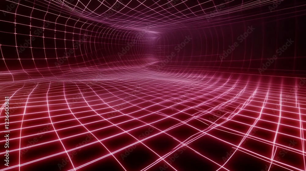 Aufkleber abstract red grid tunnel, futuristic and technological design with geometric lines