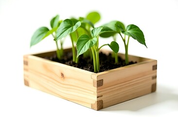 Seedlings for planting sweet peppers, planted in a wooden box, on a white background.