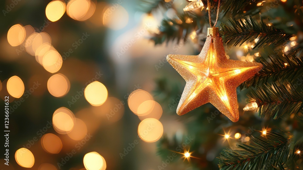 Poster illuminated star ornament hanging on a christmas tree with bokeh lights.