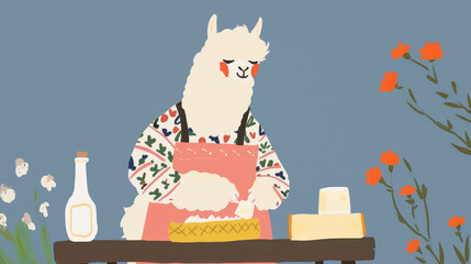 doodle illustration of llama making fresh cheese on rustic farm table, surrounded by flowers, evokes charming countryside atmosphere