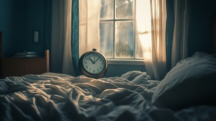 Waking up in a cozy bedroom, golden light filtering through the curtains with a clock