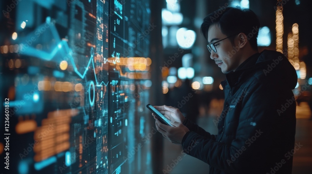 Poster ai-driven financial analytics appear on a virtual interface as a man holds his phone and interacts w